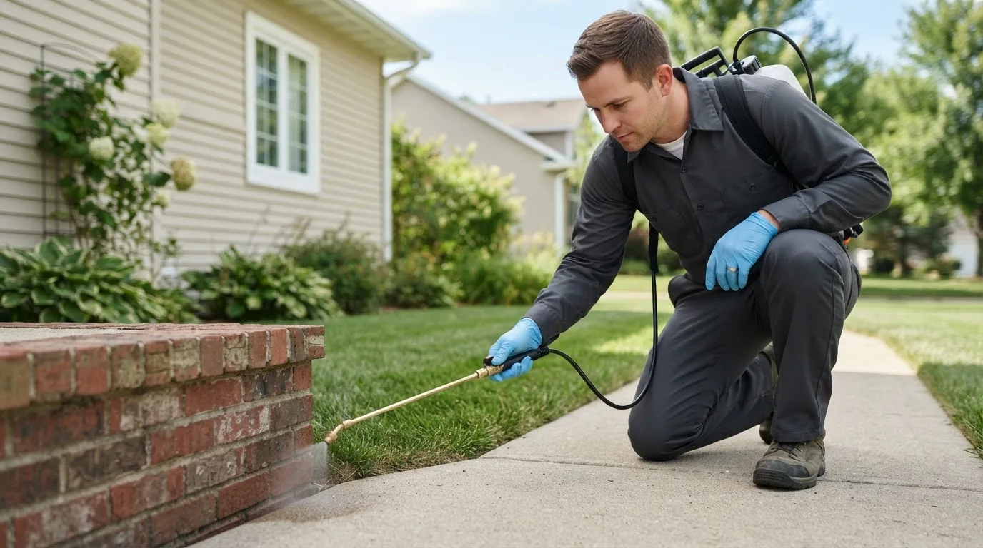 Pest control technician treating a home near Natalia, TX