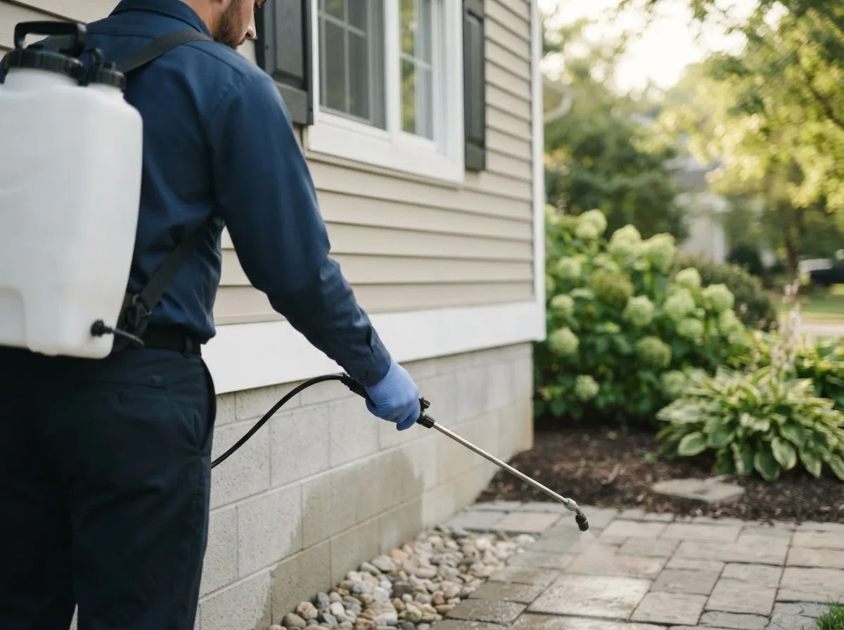 Pest control technician inspecting a home in Natalia, TX